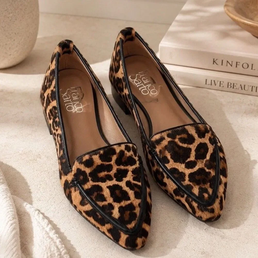 Franco Sarto Leopard Print Calf Hair Flats Loafers Womens 8M Pointed Toe Leather
